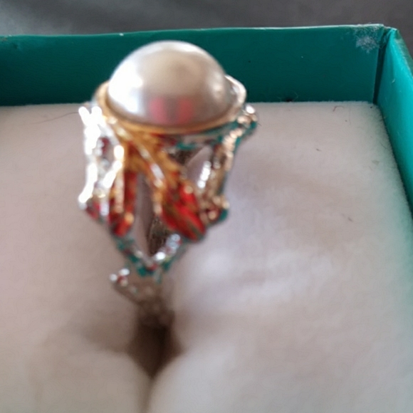 NWOT PEARL RING TWO TONE BAND SILVER PLATED SZ 7 - Picture 4 of 7